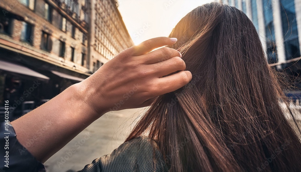 Fototapeta premium close up of a hand running through dark hair in an urban setting