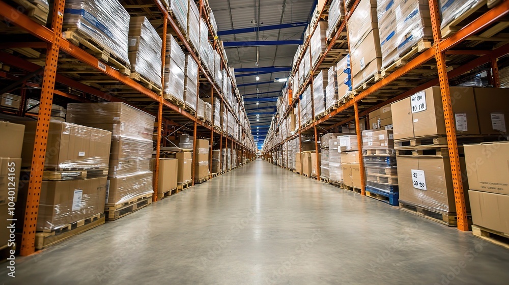Vast Warehouse Aisle with Stacked Boxes and Pallets Vast Warehouse Aisle with Stacked Boxes and Pallets