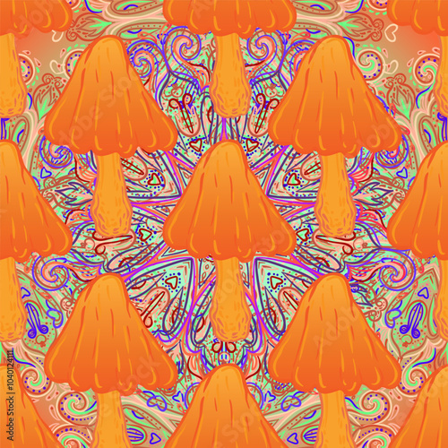 Magic mushrooms mandala seamless pattern. Psychedelic hallucination. Vibrant trippy vector illustration. 60s hippie colorful art. Hand drawn design in ethnic Indian style. Mystic abstract yoga mat