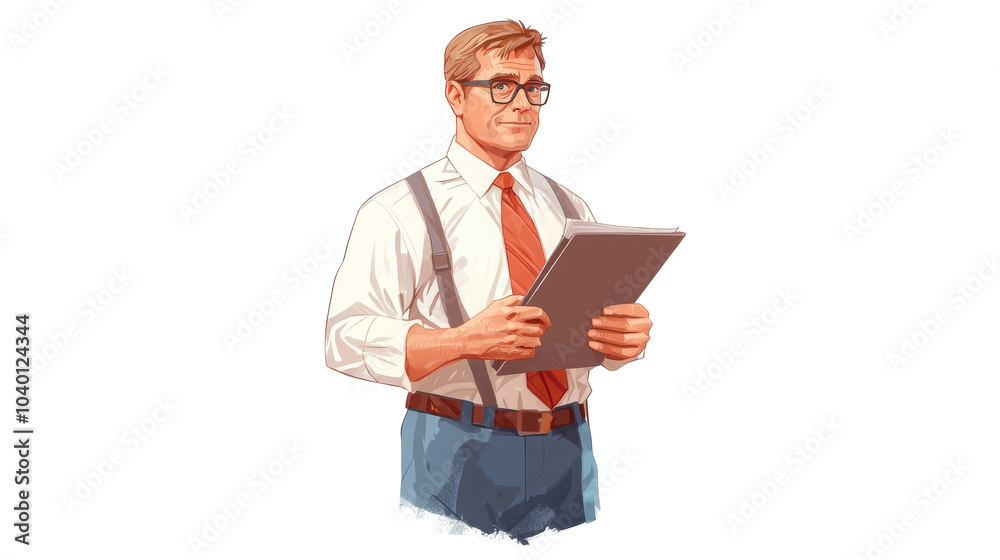 A smartly dressed man with glasses holding a clipboard, exuding professionalism and focus in a minimalist setting. A smartly dressed man with glasses holding a clipboard, exuding professionalism and focus in a minimalist setting.
