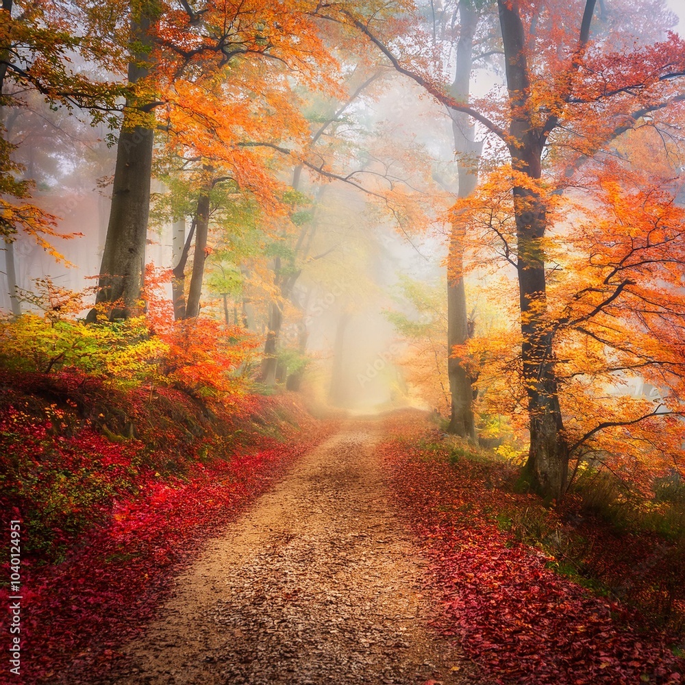 Fototapeta premium dirt road in autumn forest in fog red foggy forest with trail colorful landscape with beautiful enchanted trees with orange and red leaves in fall mystical woods in october woodland nature