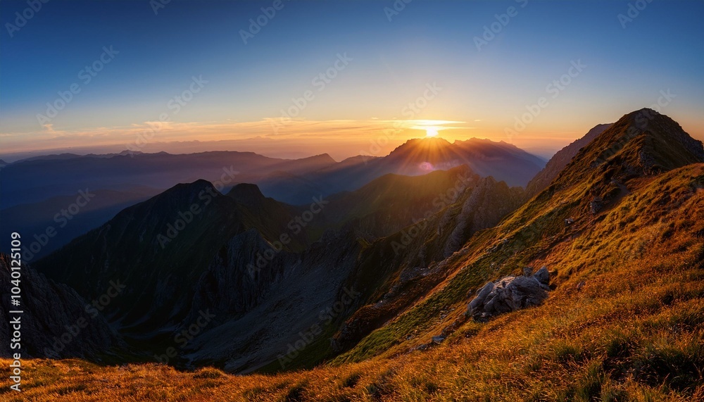 Obraz premium early dawn in the mountains the sun just came from behind the top of the mountain