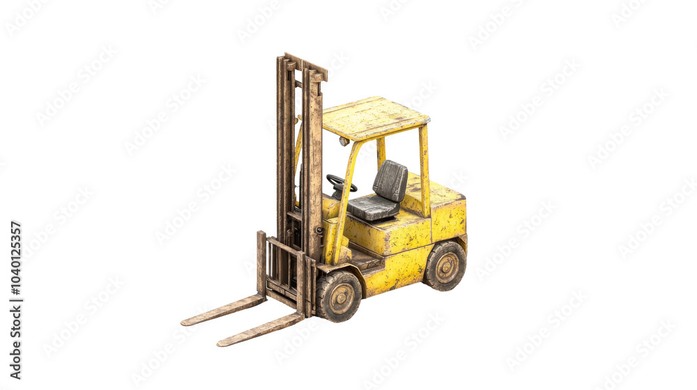 Fototapeta premium A yellow forklift with a raised mast is shown against a black background, showcasing its design and features.