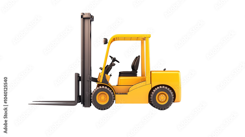 A yellow forklift with raised forks, designed for lifting and moving heavy loads in warehouses and construction sites. A yellow forklift with raised forks, designed for lifting and moving heavy loads in warehouses and construction sites.