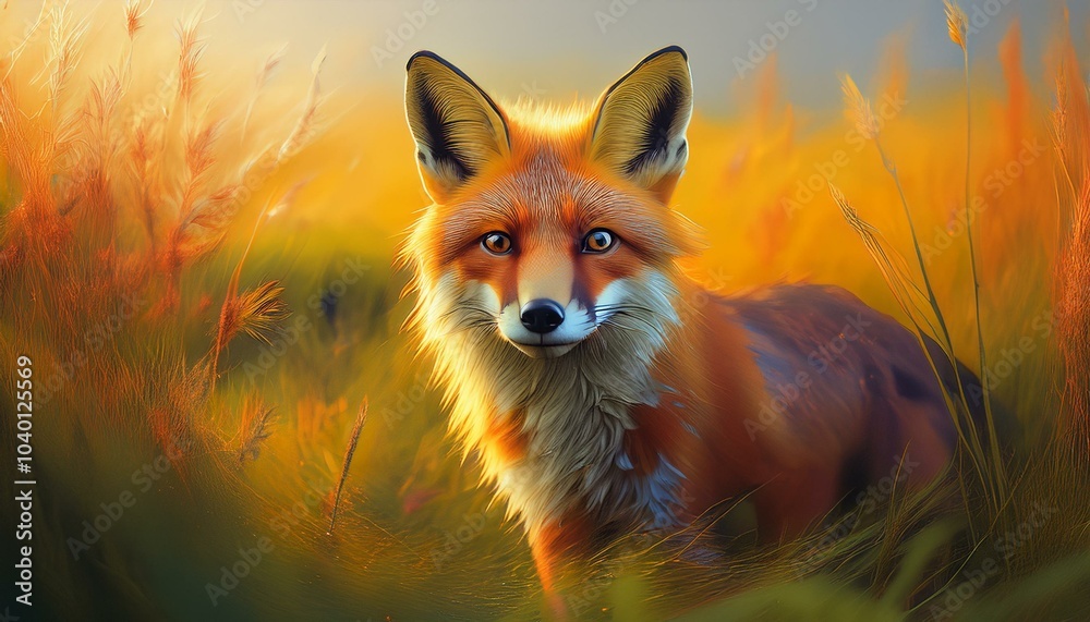 Fototapeta premium fox in grass field curious gaze