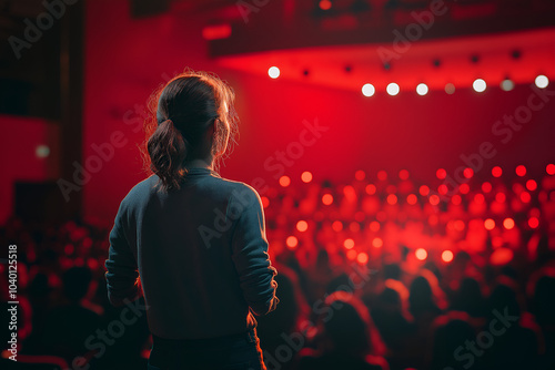 American woman giving a TED-style talk on stage shown from rear view, People photography