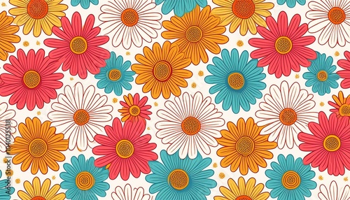 floral seamless pattern with colorful daisies on a white background  illustration of retro groovy flowers in the flat style colorful flower cartoon