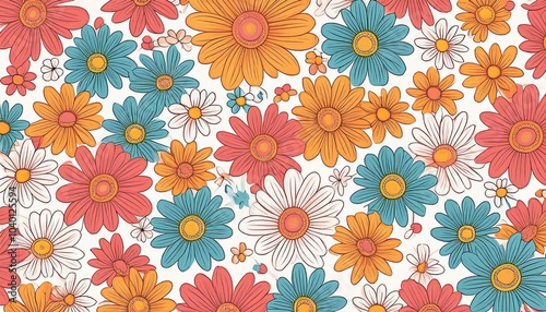 floral seamless pattern with colorful daisies on a white background illustration of retro groovy flowers in the flat style colorful flower cartoon