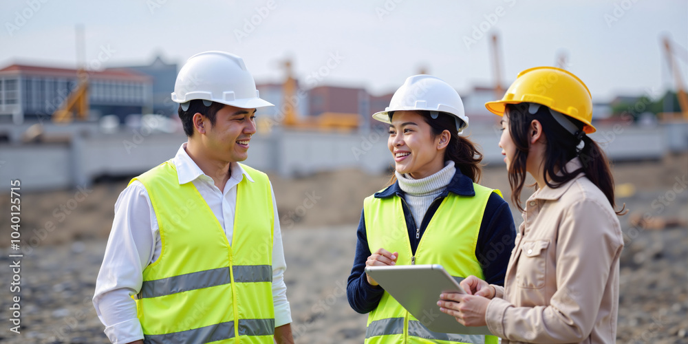 Japanese Engineers and Architects Collaborating at a Busy Construction Site