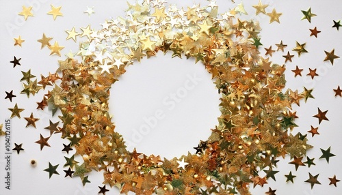 gold stars confetti frame on white background flat lay