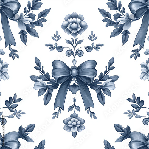 Vector floral damask seamless pattern. Blue bow and flowers isolated on white background
