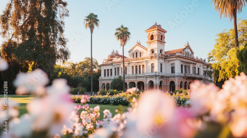 Wallpaper Mural A large house with a beautiful garden in front of it. The flowers are pink and the grass is green Torontodigital.ca