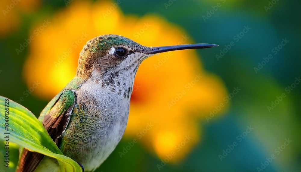 Fototapeta premium hummingbird perched on a green leafed flower before a yellow flowered background blurred