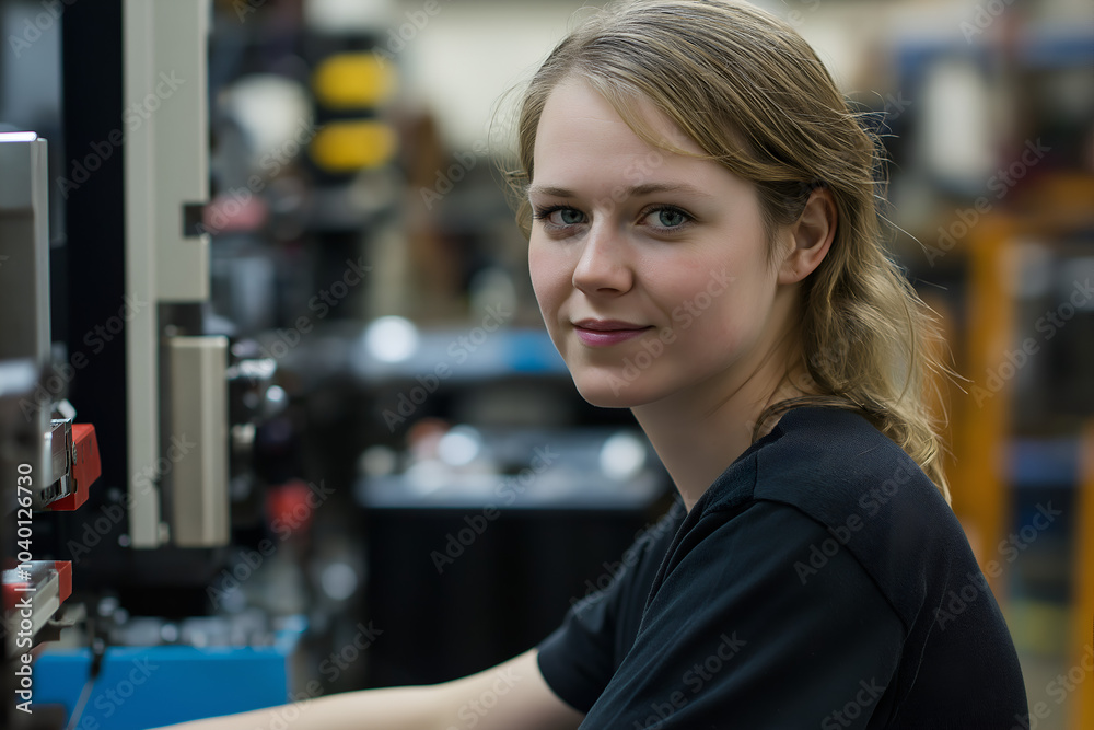 A friendly female production worker working at an assembly line, People photography