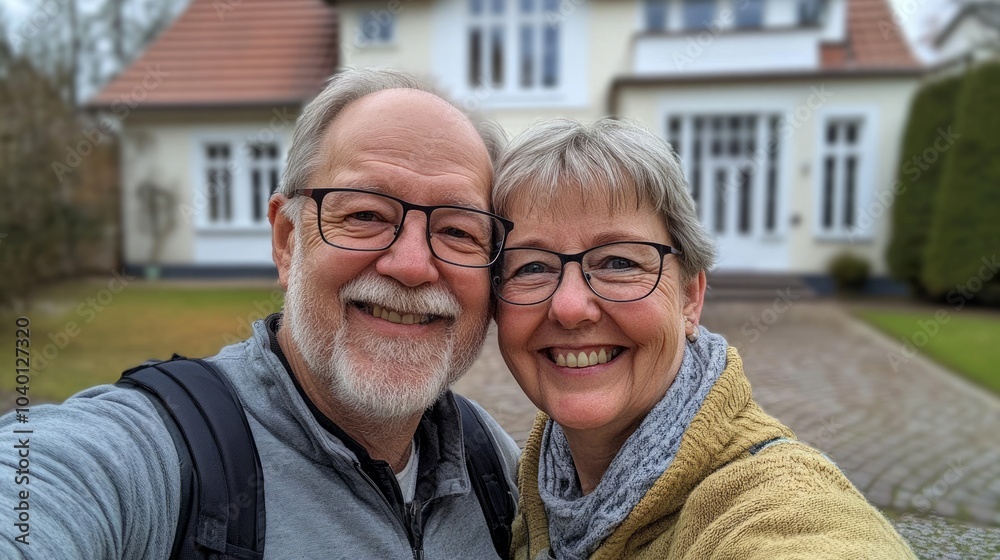 old couple smiling and hugging in front of their house old couple smiling and hugging in front of their house