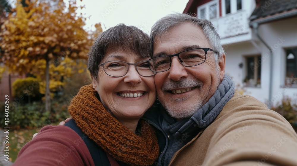 Fototapeta premium old couple smiling and hugging in front of their house