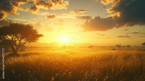 African sunset over a tranquil grassland, with plenty of space for copy