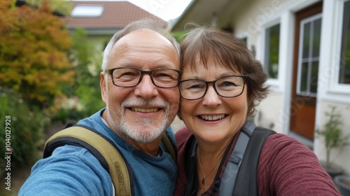 old couple smiling and hugging in front of their house