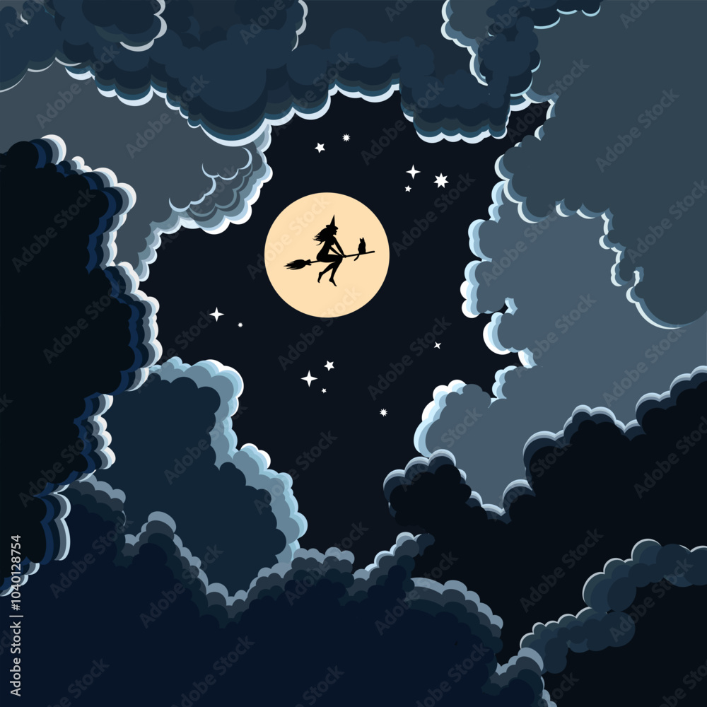 Fototapeta premium Halloween illustration of a witch on a broom
