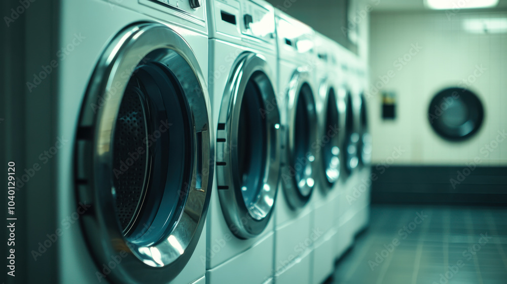 Clean laundry awaits in a bright, modern laundromat during a sunny afternoon filled with fresh air and a calm atmosphere Clean laundry awaits in a bright, modern laundromat during a sunny afternoon filled with fresh air and a calm atmosphere