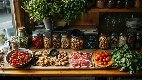 Stylish kitchen arrangement of paleofriendly foods like lean meats nuts vegetables symbolizing the natural biohacking approach through diet photo