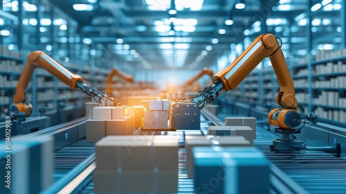Warehouse automation management concept. Automated robotic arms moving products in a high-tech warehouse, showcasing modern logistics.