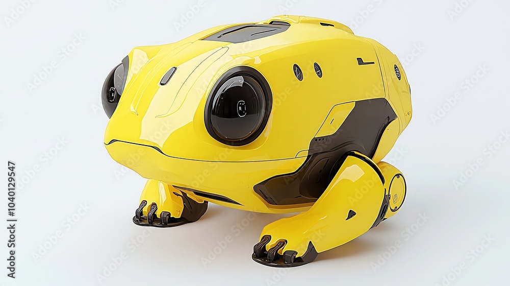 Fototapeta premium Yellow robotic frog toy on white background.