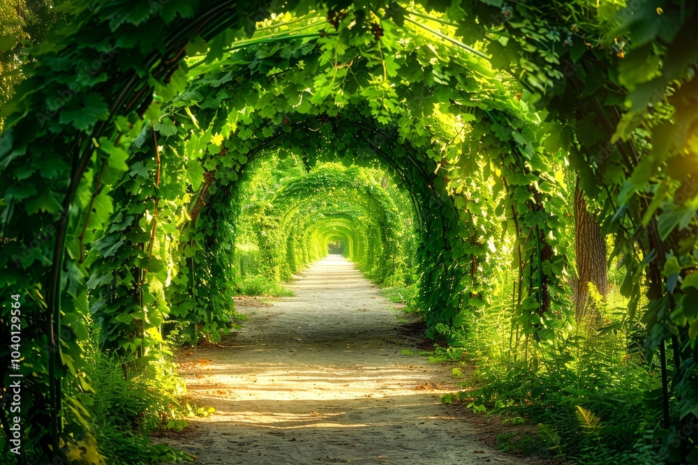 Organic vineyard with grapevines growing on arched trellises, forming a tunnel effect with sunlight filtering through the leaves, creating a magical pathway Organic vineyard with grapevines growing on arched trellises, forming a tunnel effect with sunlight filtering through the leaves, creating a magical pathway