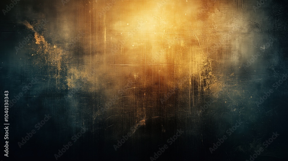 Naklejka premium A captivating abstract grunge background featuring dust and scratches with dark and golden lighting. The ultra-realistic texture highlights a sense of vintage wear and tear, giving the scene an aged a