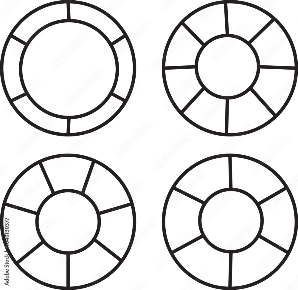 Pie chart infographic collection with 3,4,5,6 and 7,8 sections or steps. Set of circle diagram, infographic design. Infographic element. Pie chart infographic collection with 3,4,5,6 and 7,8 sections or steps. Set of circle diagram, infographic design. Infographic element.