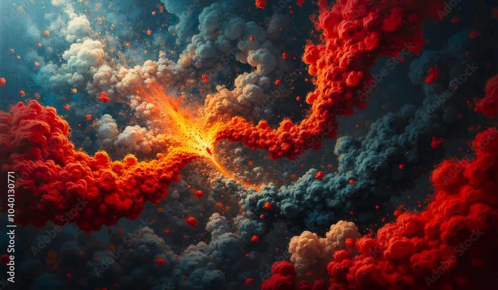 Naklejka premium a red explosion in the sky is over a red fire.