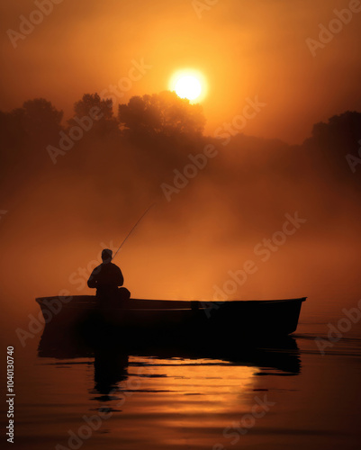 Fisherman Casting at Sunset Through Misty Waters