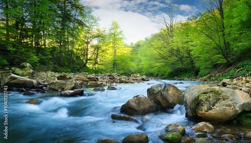 spring forest nature landscape beautiful spring stream river rocks in mountain forest