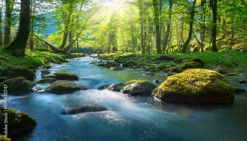 spring forest nature landscape beautiful spring stream river rocks in mountain forest