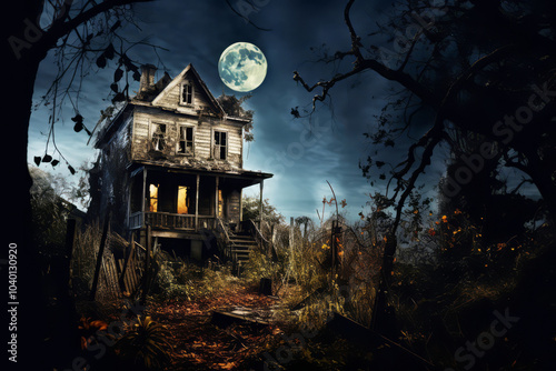 Old abandoned scary house against the background of the full moon photo