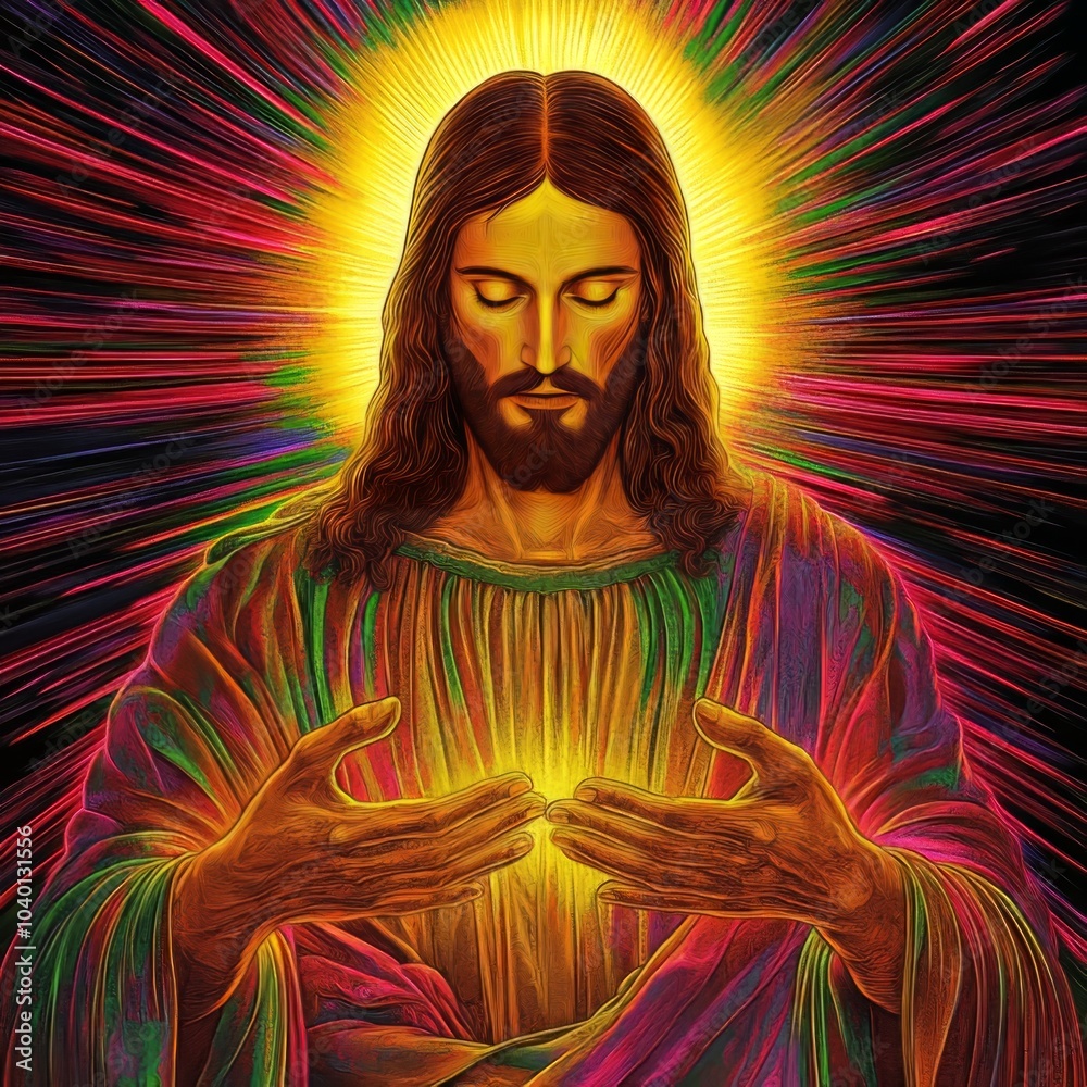A colorful depiction of Jesus with his hands raised. A colorful depiction of Jesus with his hands raised.