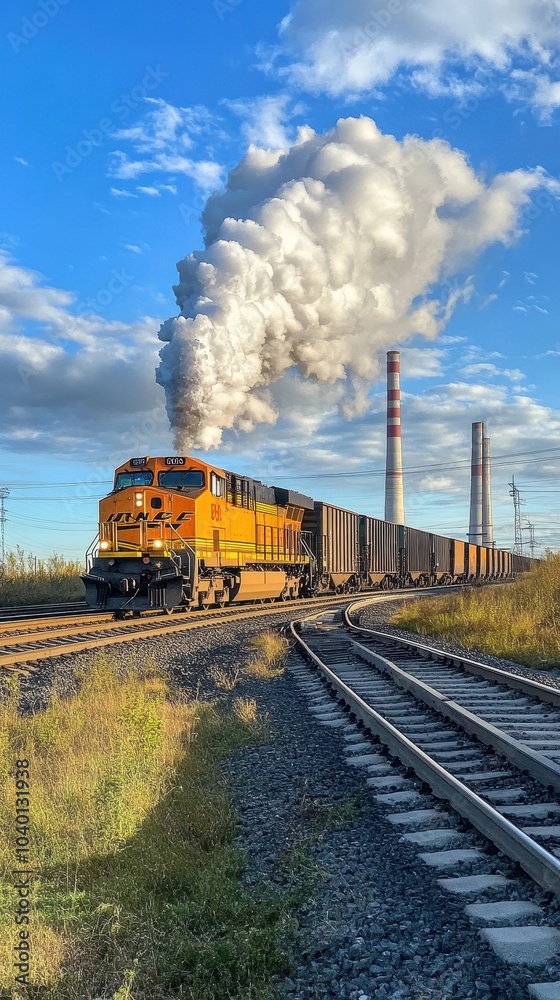 Obraz premium Industrial cargo trains loaded with coal heading towards power plants