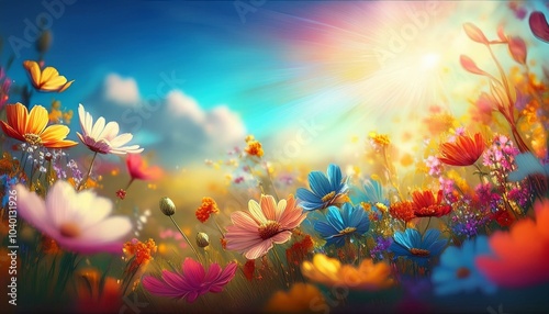 the colorful flowers and sky together with sunlight in the style of digital airbrushing bokeh panorama realistic blue skies soft edged small brushstrokes tilt shift organic and flowing forms