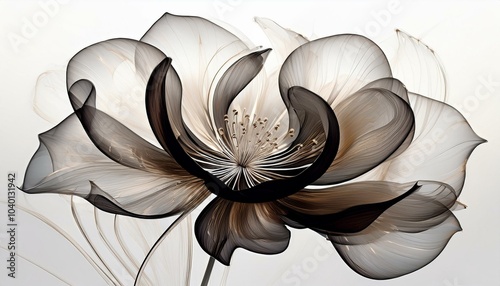 the image of a white and black flower against a white background in the style of translucent layers conceptual digital art daz3d minimalistic objects meticulous design dark black and dark beige