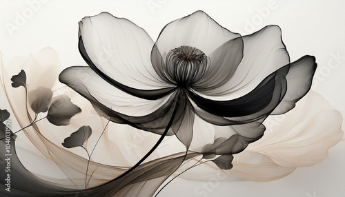 the image of a white and black flower against a white background in the style of translucent layers conceptual digital art daz3d minimalistic objects meticulous design dark black and dark beige