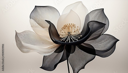 the image of a white and black flower against a white background in the style of translucent layers conceptual digital art daz3d minimalistic objects meticulous design dark black and dark beige