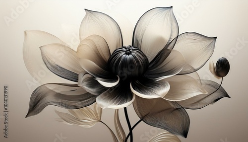 the image of a white and black flower against a white background in the style of translucent layers conceptual digital art daz3d minimalistic objects meticulous design dark black and dark beige