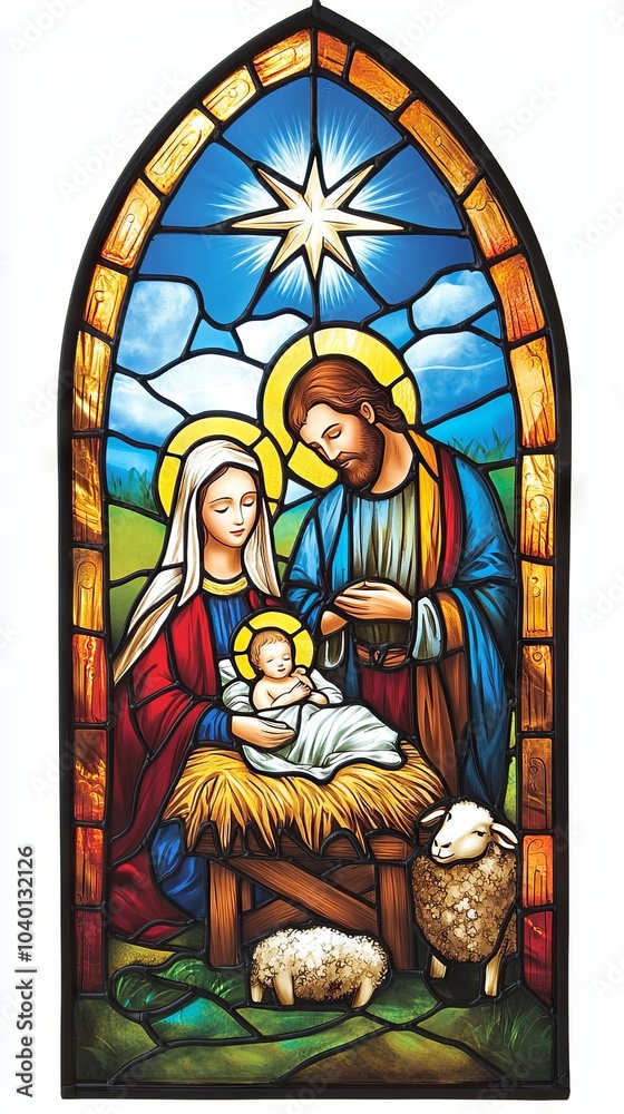 Stained glass nativity scene with Mary, Joseph, and baby Jesus Stained glass nativity scene with Mary, Joseph, and baby Jesus