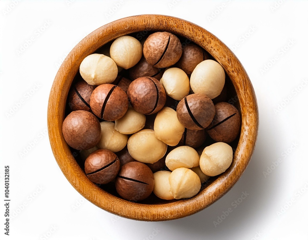 top view mixed macadamia nuts neatly arranged in wooden bowl isolated on white background top view mixed macadamia nuts neatly arranged in wooden bowl isolated on white background