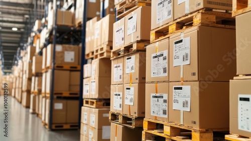 Inventory schedule management concept. Pallets loaded with boxes, with labels ready for shipment, logistics management, shipment organization