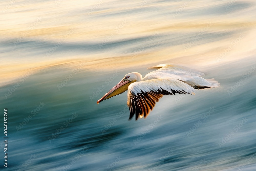 Obraz premium Pelican soaring low over the ocean, wings skimming the water's surface, motion blur adding to the sense of movement and freedom, coastal, sea, wild, bird, freedom