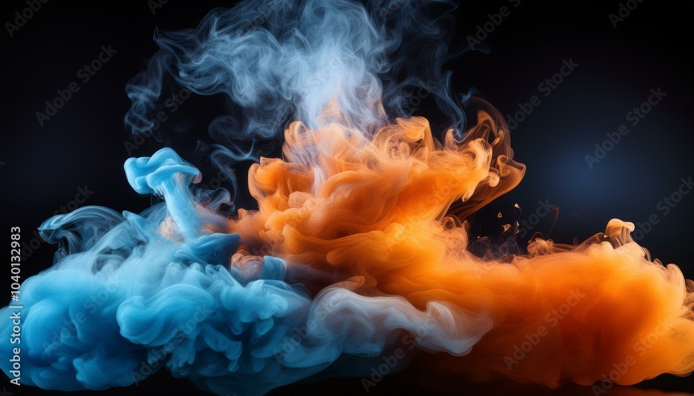 Obraz premium vibrant orange and blue smoke cloud on black background created from vape