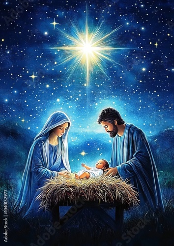 Holy family under a starry night sky