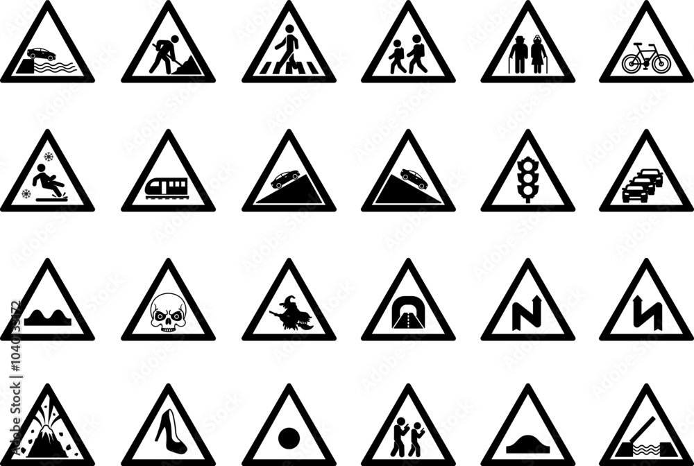 Road Signs. Vector Icons. Humorous Stickers. Embankment Exit, Road Works, Pedestrian Crossing, School Crossing. Parking, Traffic Jam, Traffic Light, Train, Zombie, Witch Road, and More Road Signs. Vector Icons. Humorous Stickers. Embankment Exit, Road Works, Pedestrian Crossing, School Crossing. Parking, Traffic Jam, Traffic Light, Train, Zombie, Witch Road, and More