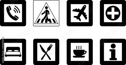 Square Road Signs. Vector Icons. Telephone, Crosswalk, Airport, First Aid. Hotel, Restaurant, Highway Diner and Information